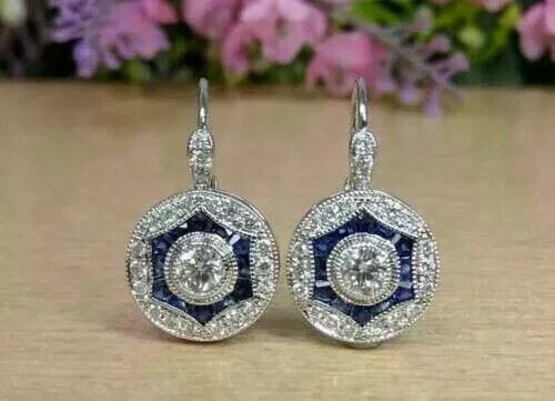 Vintage Art Deco Style 3.75Ct Diamond 14k White Gold Finish Engagement Earrings