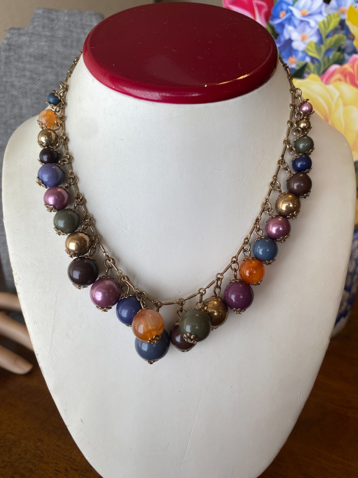 Vintage Colorful Cha-Cha Style Mixed Bead Necklace Gold Plated Bar-Link Chain