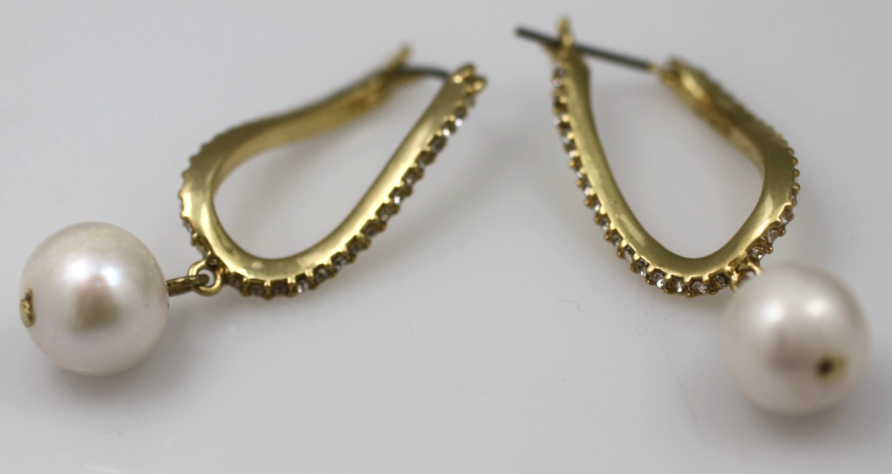 J. Crew Freshwater Pearl clear Crystal Gold tone drop dangle earrings posts