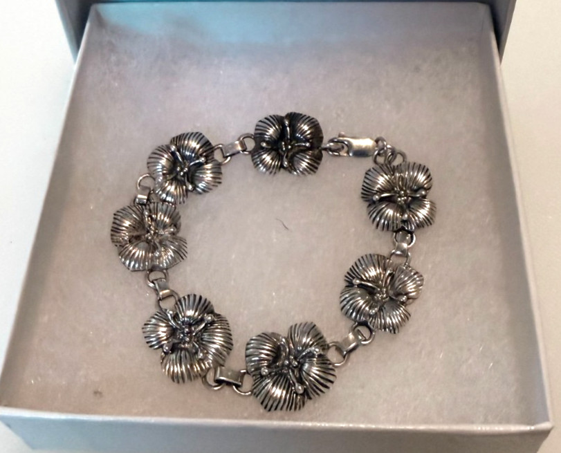 Carol Felley Sterling Silver Flower Link Bracelet 7.25 in Vintage 1988