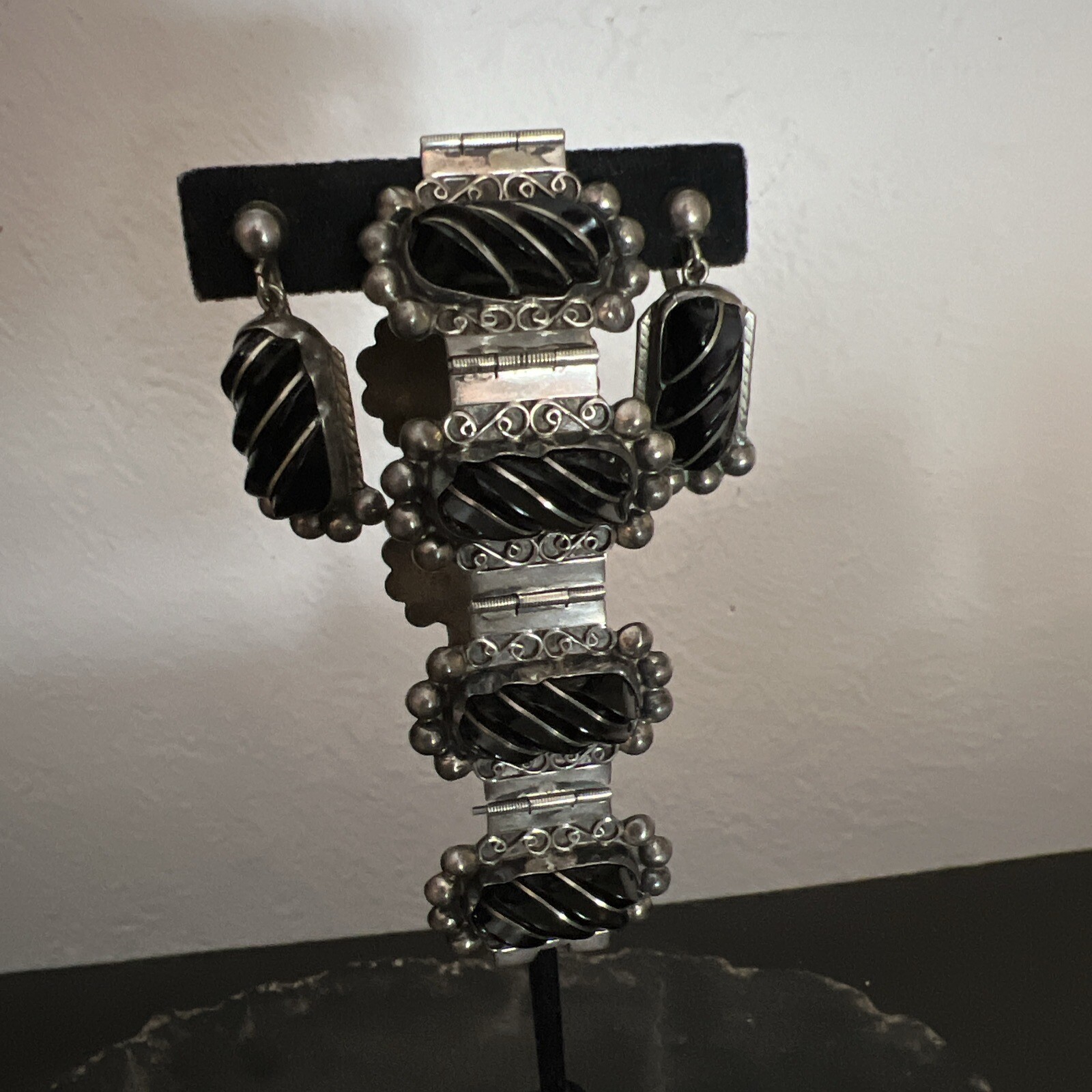 Vintage Sterling Onyx Bracelet & Earrings Set By Del Rio 64 Grams