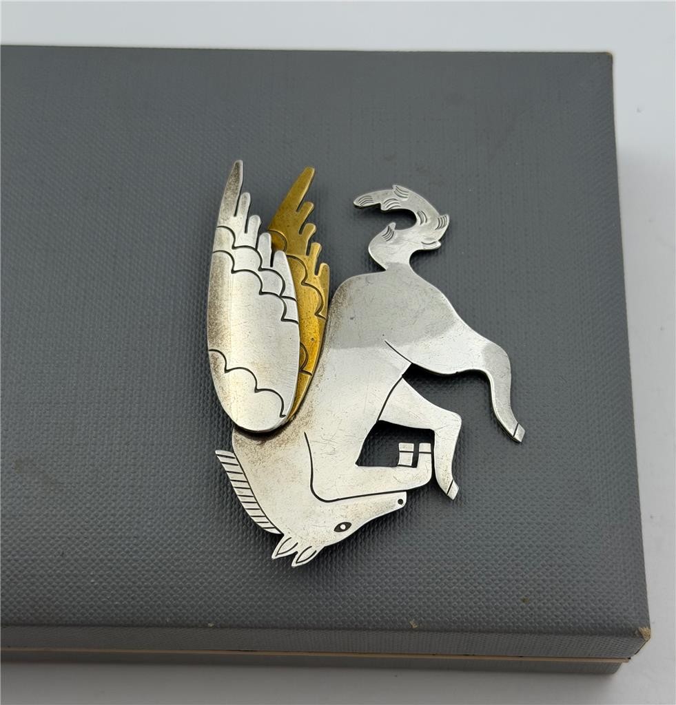 Vintage 925 Sterling Silver & Brass Mexico TS-78 Pegasus Winged Horse Brooch Pin