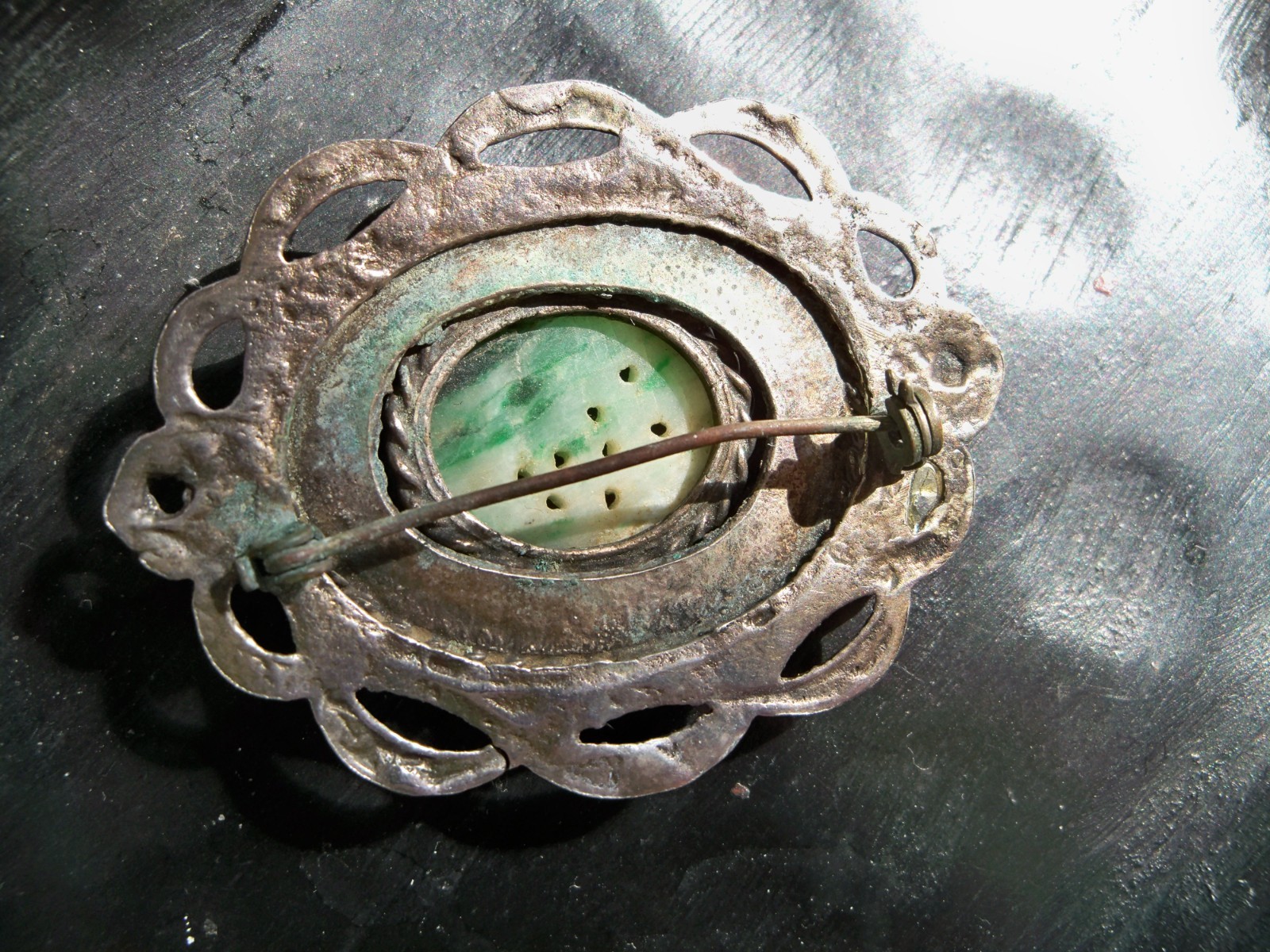 Vintage jewelry Chinese concho apple green jadeite jade Brooch celtic southwest