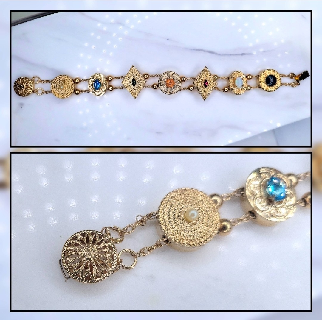 VERY RARE! Vintage Krementz Slide Bracelet 14/20 GF | 7 Decorative Slide Charms