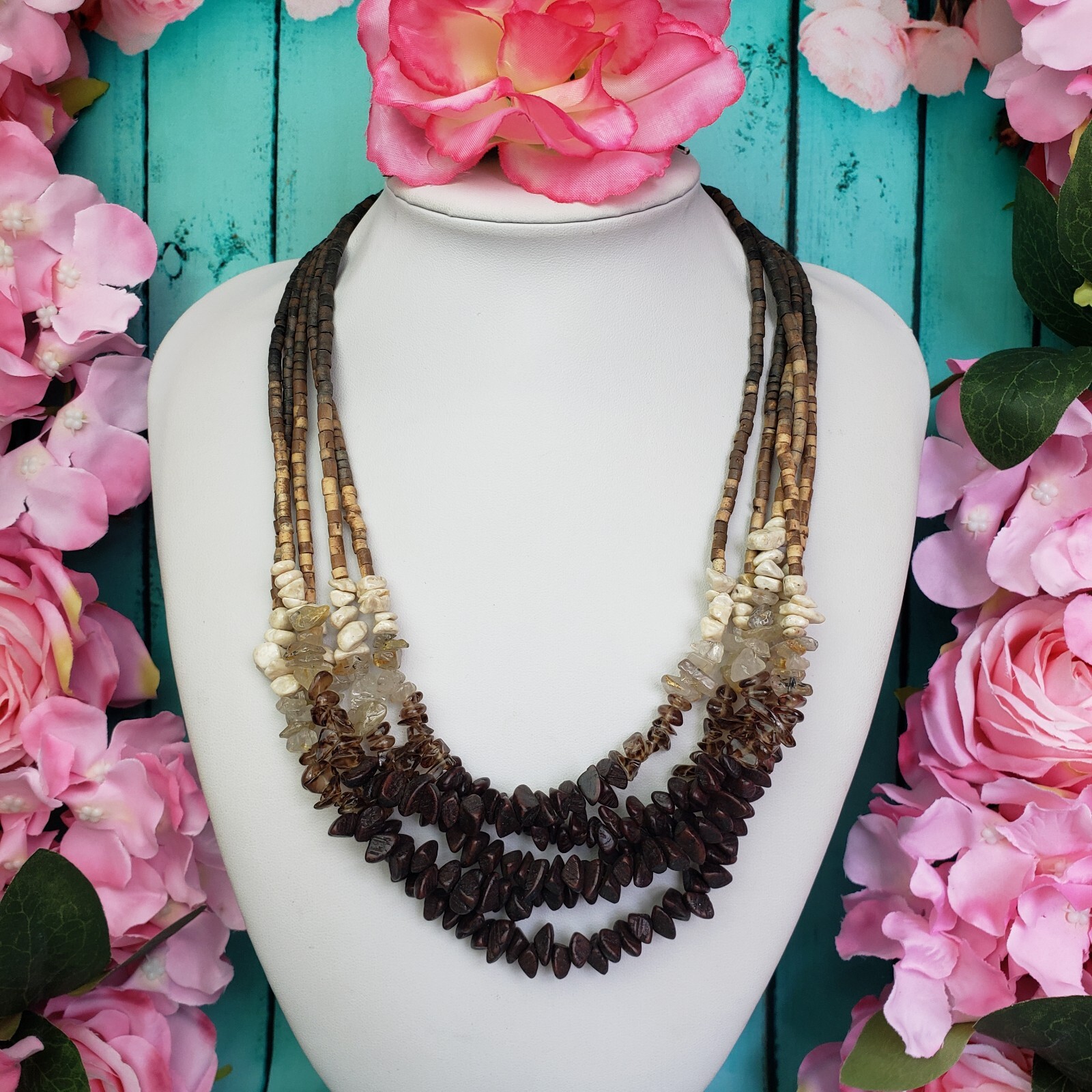 COLDWATER CREEK Quartz Stone & Wood Beaded Multi Strand Necklace Brown Boho