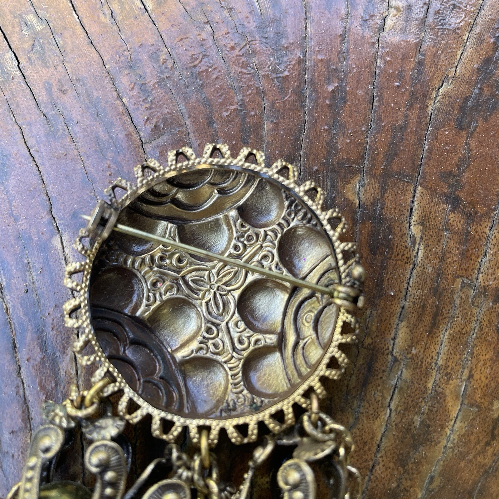Sterling Button Company NY Brass Repousse Festoon Brooch Unsigned Statement