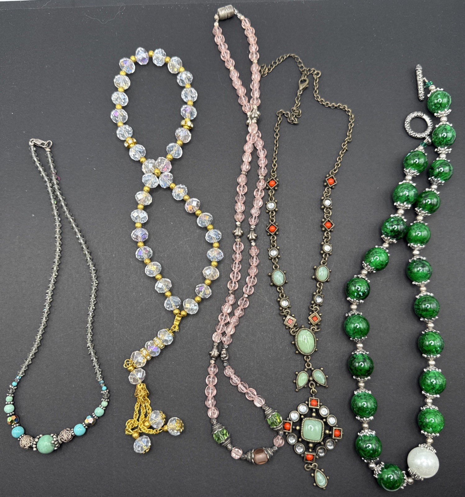 Lot Of 5 Necklaces Vintage To Now Crystal Beads Rhinestone B44