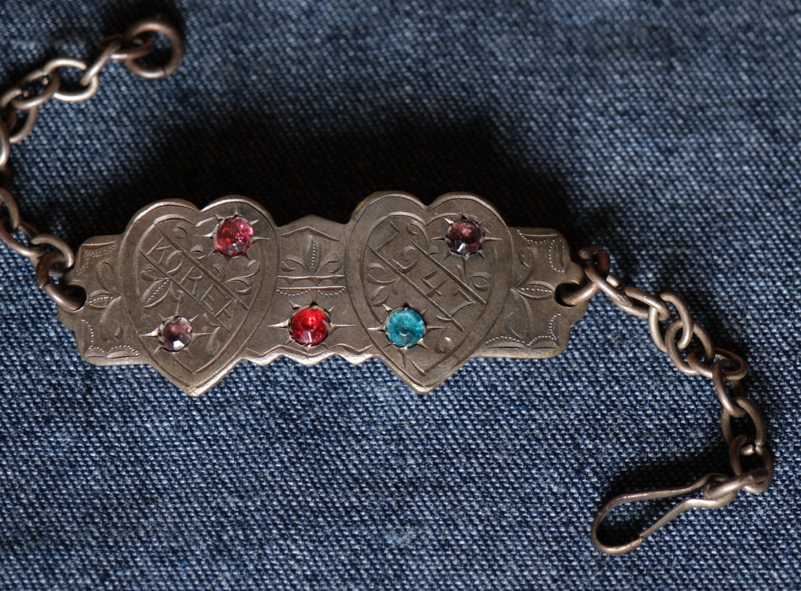 Vtg Post WWII 1940’s 1947 Occupied Korea War Jeweled Souvenir Hearts ID Bracelet