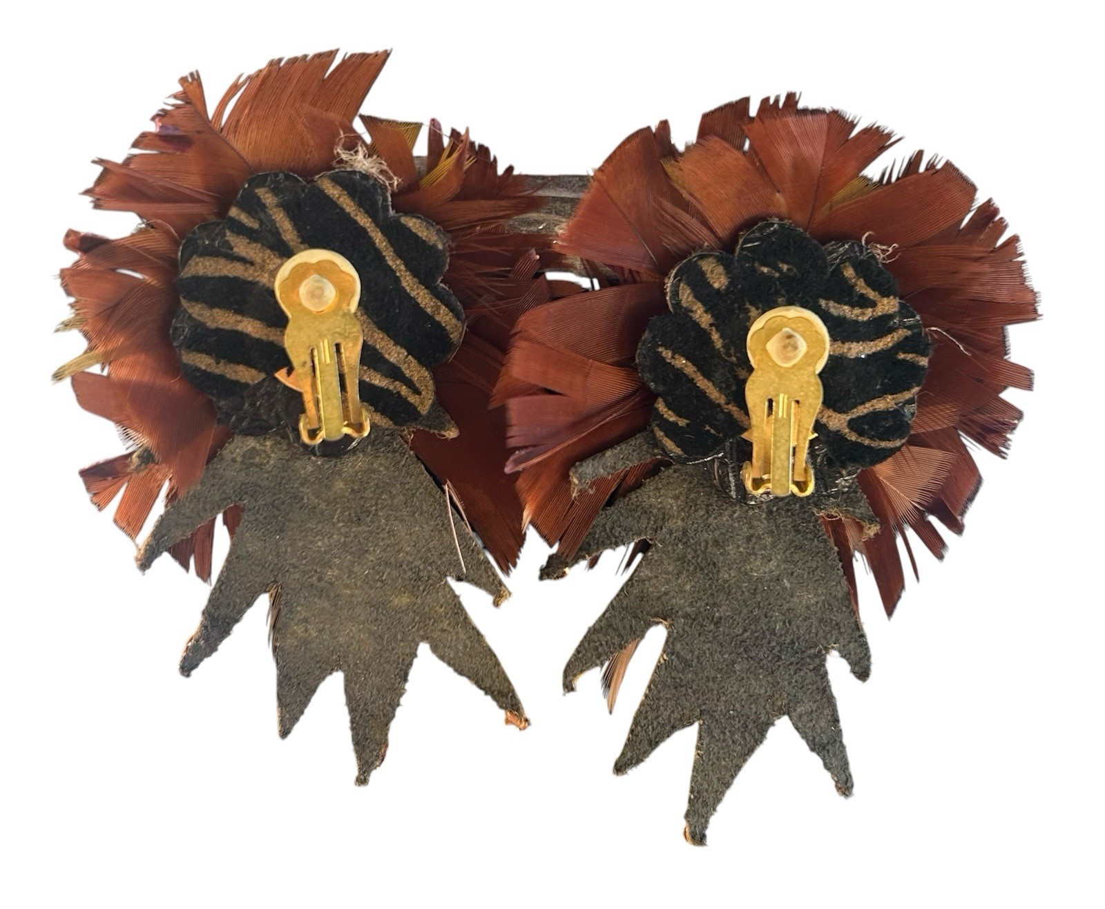 Vintage 80’s Statement Earrings Leather Feather Rhinestone Metallic Clip On Bold