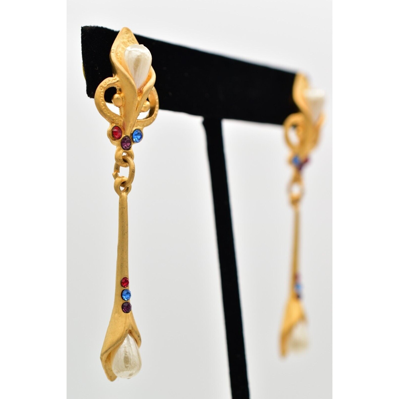 Vintage Pearl Crystal Dangle Earrings Drop Brushed Gold Matte NOS 1980s BinBK