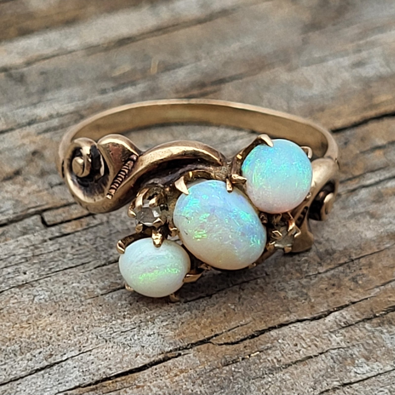 Antique Victorian 10K Gold Trilogy Opal & Diamond Ring Sz 4.25