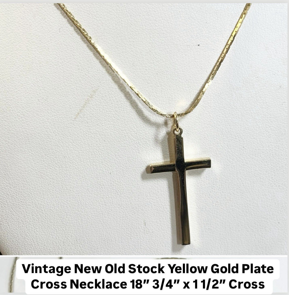 Vintage New Old Stock Yellow Gold Plate Cross Necklace 18” 3/4” x 1 1/2”
