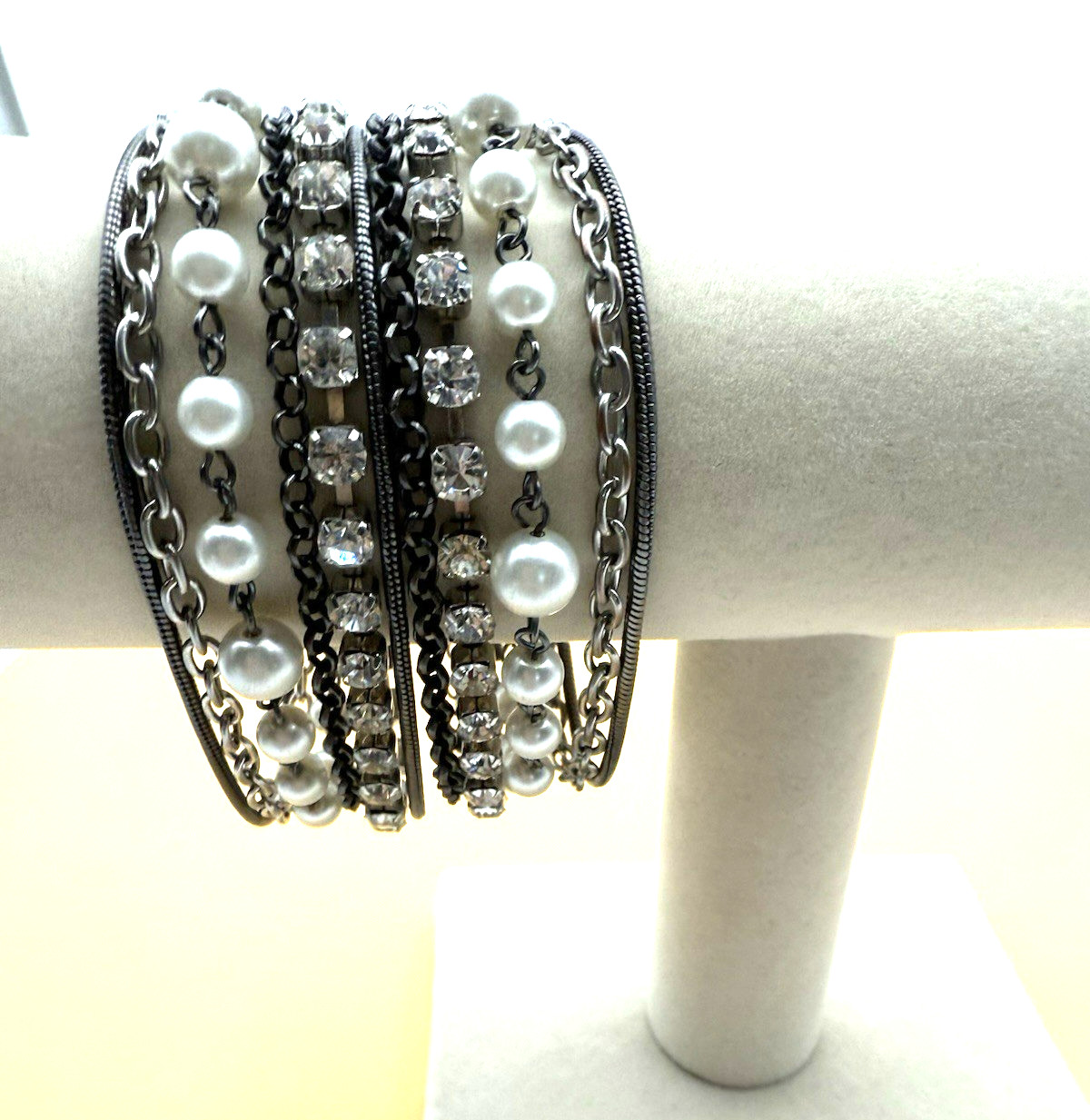 NY Bracelet Multiple Strand Faux Pearl Rhinestones Chains Brutalist Jewelry