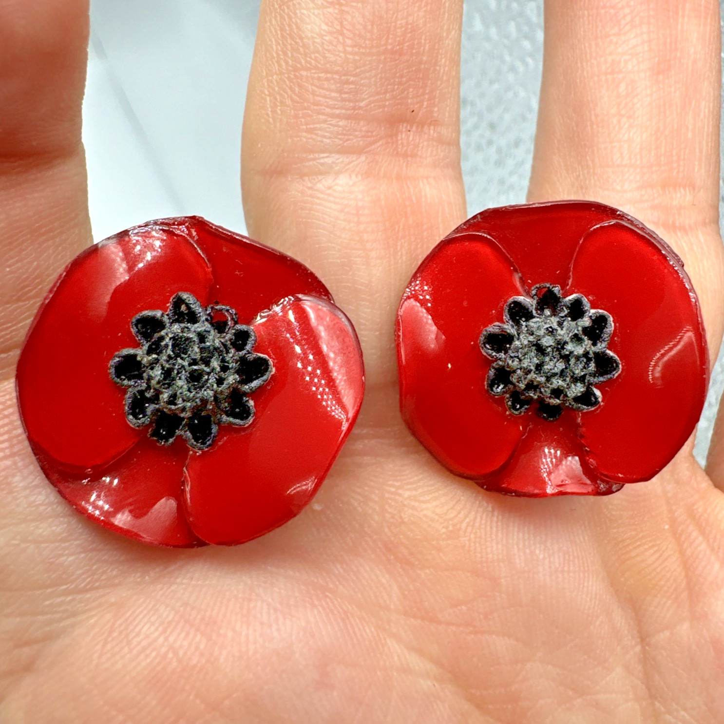 Cilea Paris Vintage Handmade Designer Resin Red Poppy Flower Clip Earrings