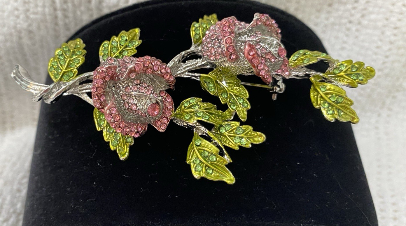 Stunning Large Vintage Pink And Green Sparkling Stones Flower Brooch