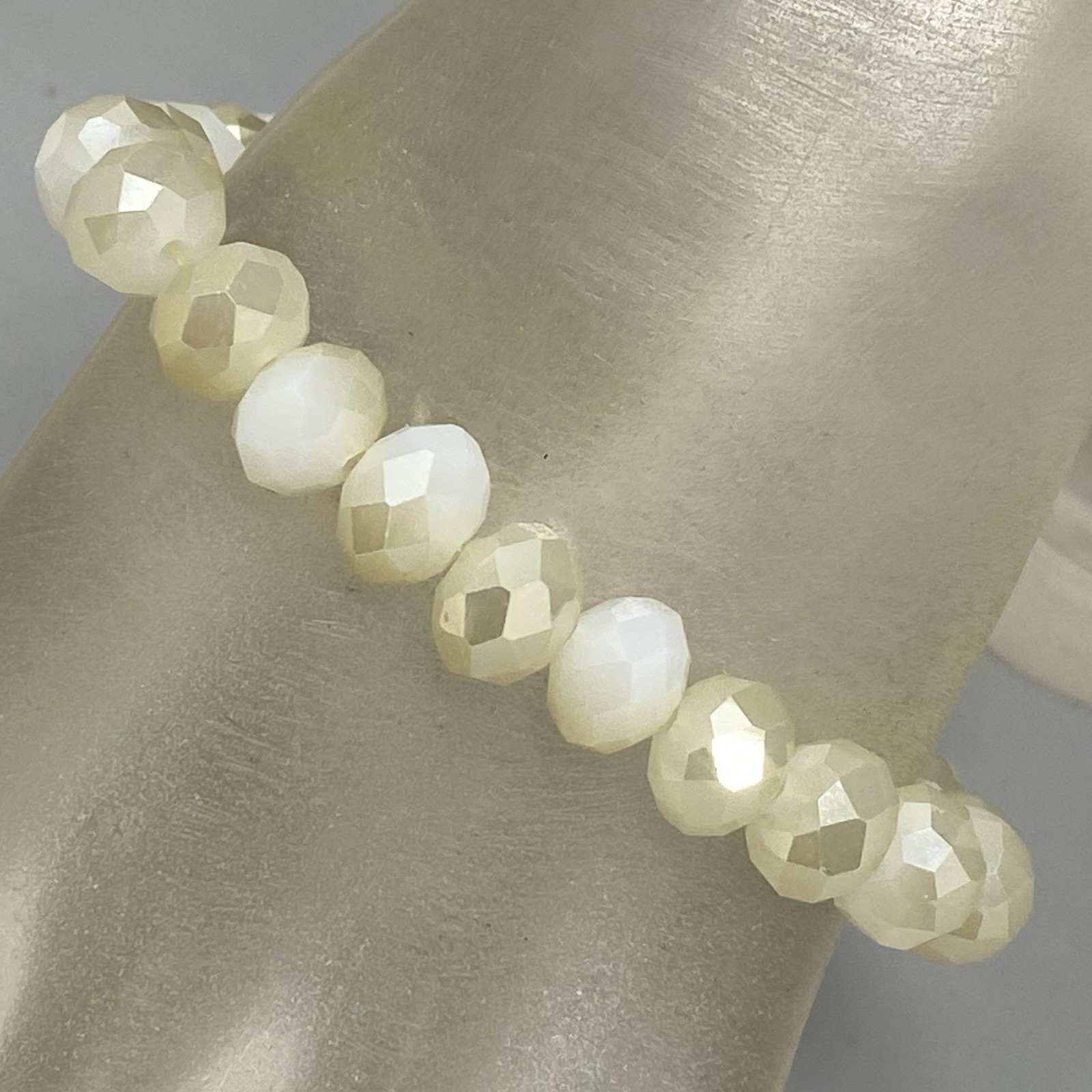 White Glass Beaded Bracelet Fire Polished Iridescent Faceted Stretch Elastic 7″