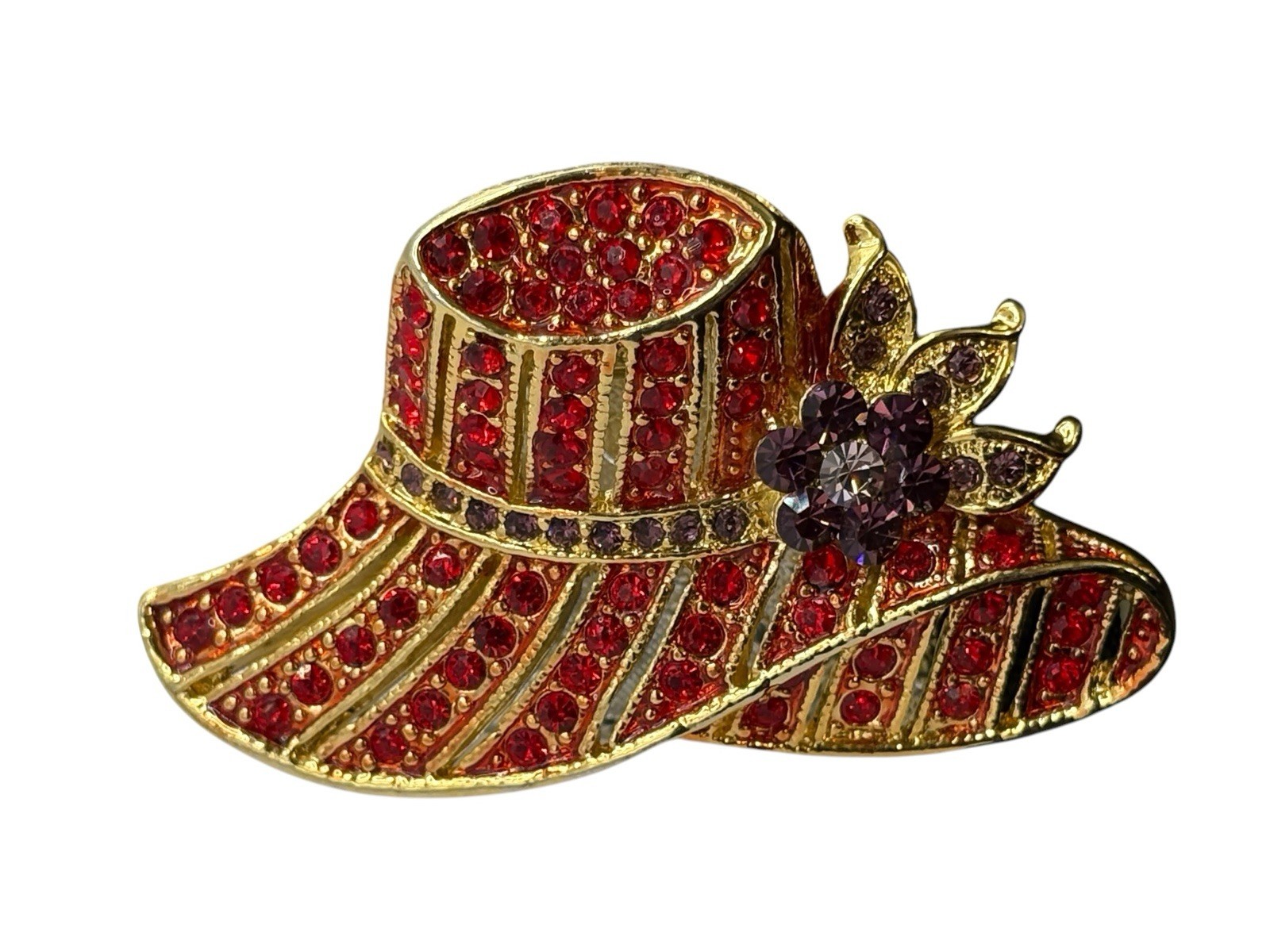 Vintage Red Hat Society Brooch Pin Red & Purple Rhinestones Gold Tone Flower