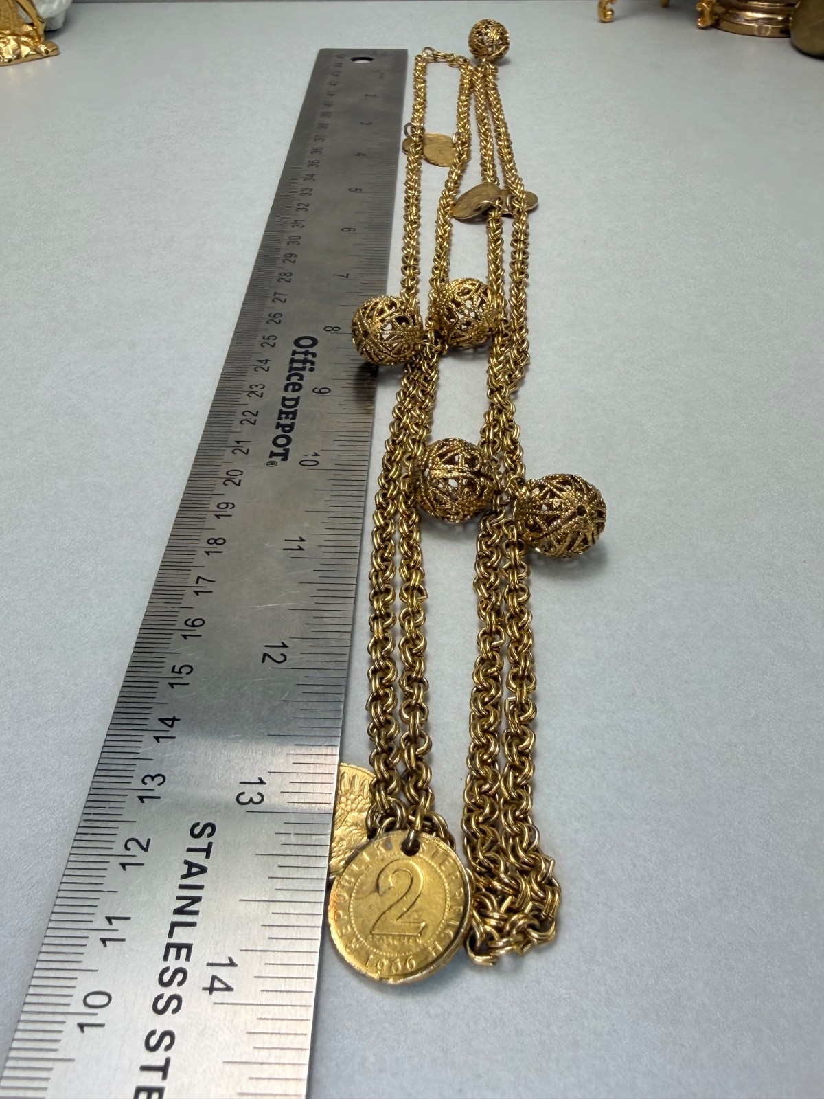 Long Gold Tone Coin Charm Necklace Filigree Ball Accents Boho Vintage