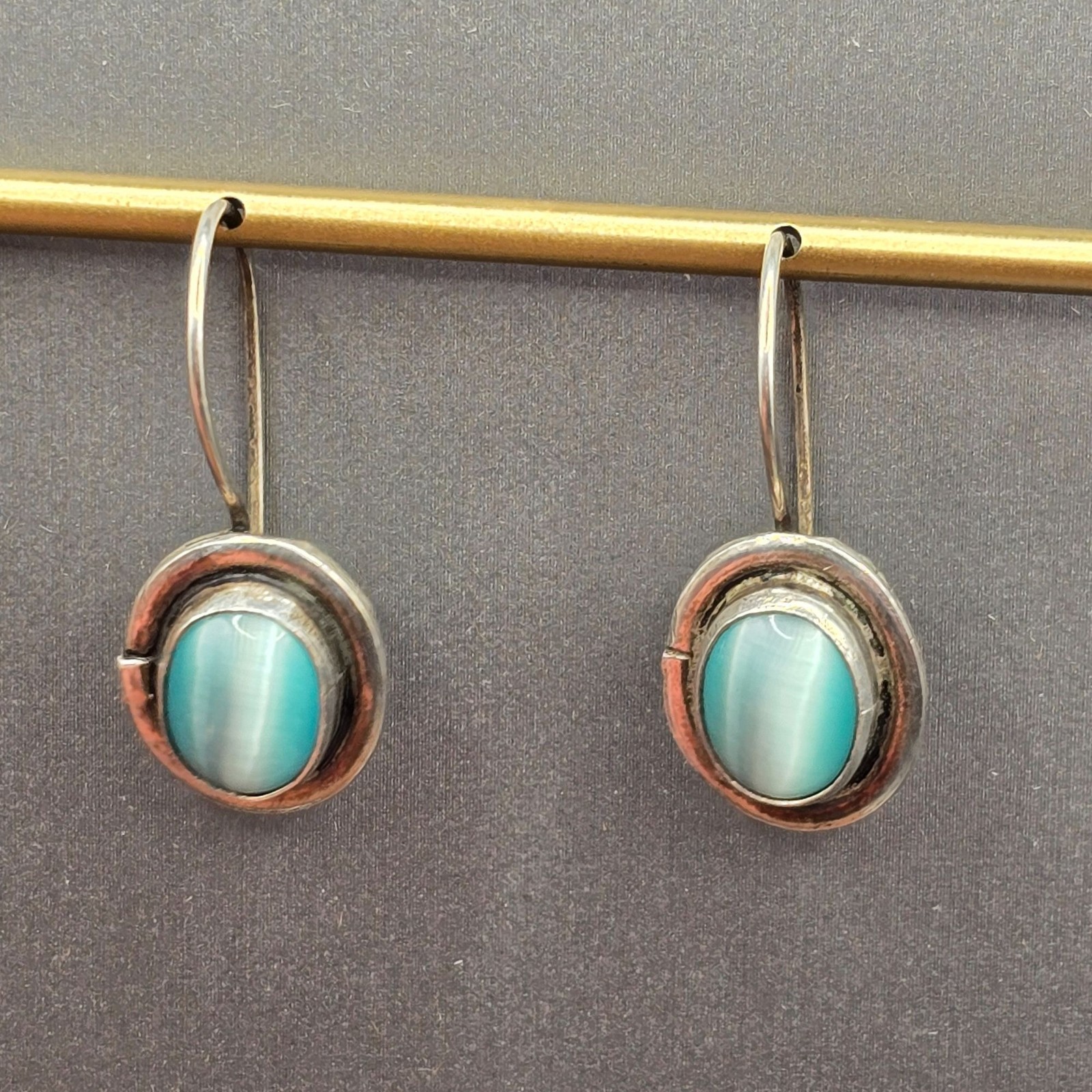 Vintage Sezgin Sterling Silver Blue Cats Eye Drop Earrings Modernist Dangle