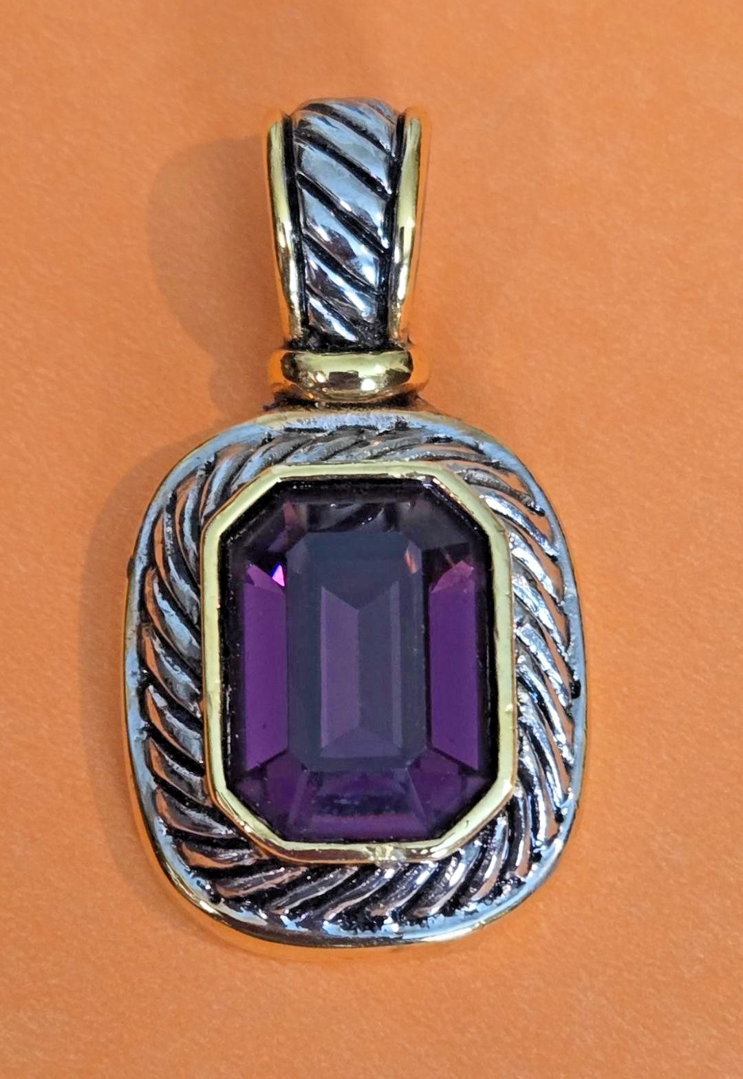 VTG. Silver/Gold-Tone HEAVY Textured Rope Design Amethyst-like Purple Pendant