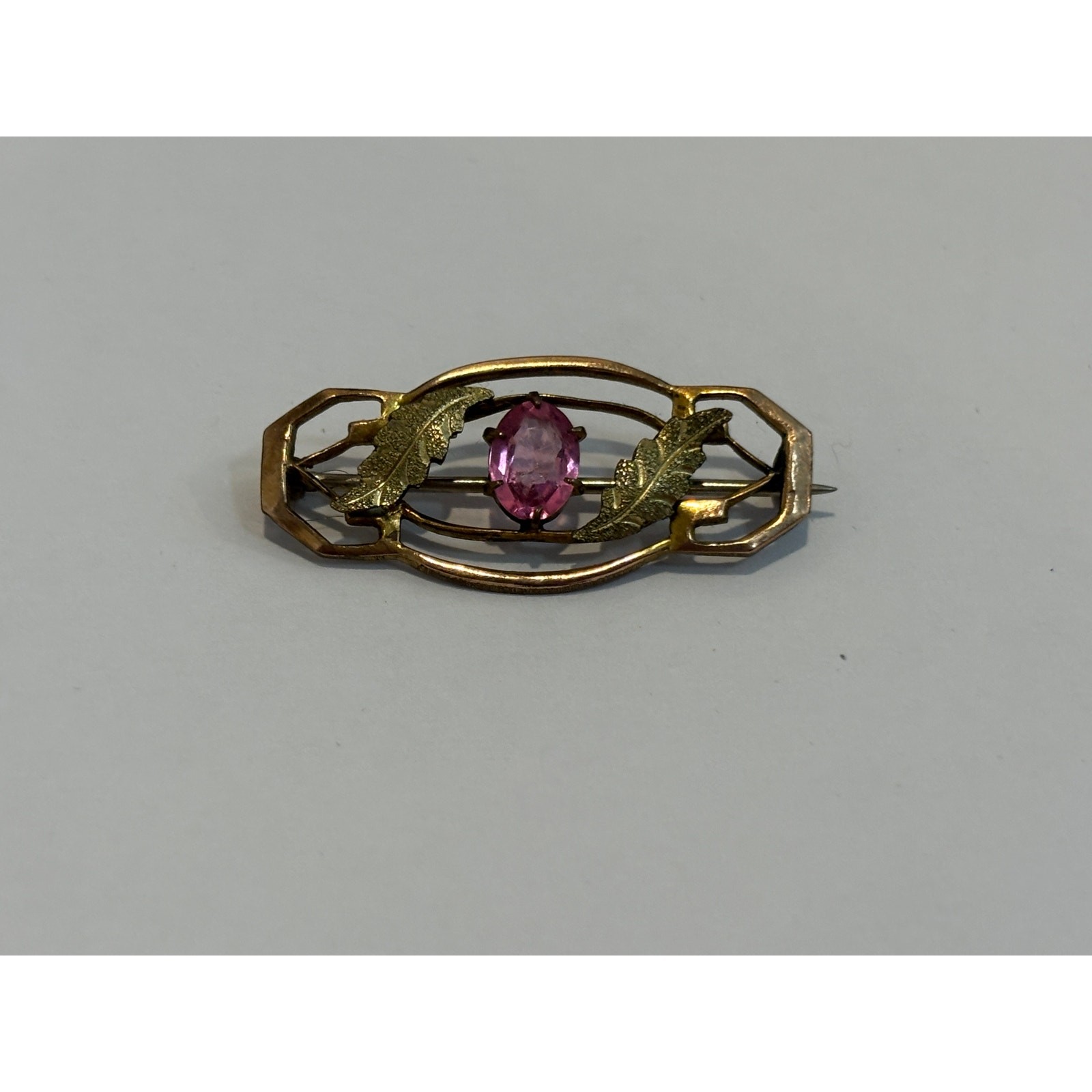 Antique Brooch Pin Gold Wash Pink Glass