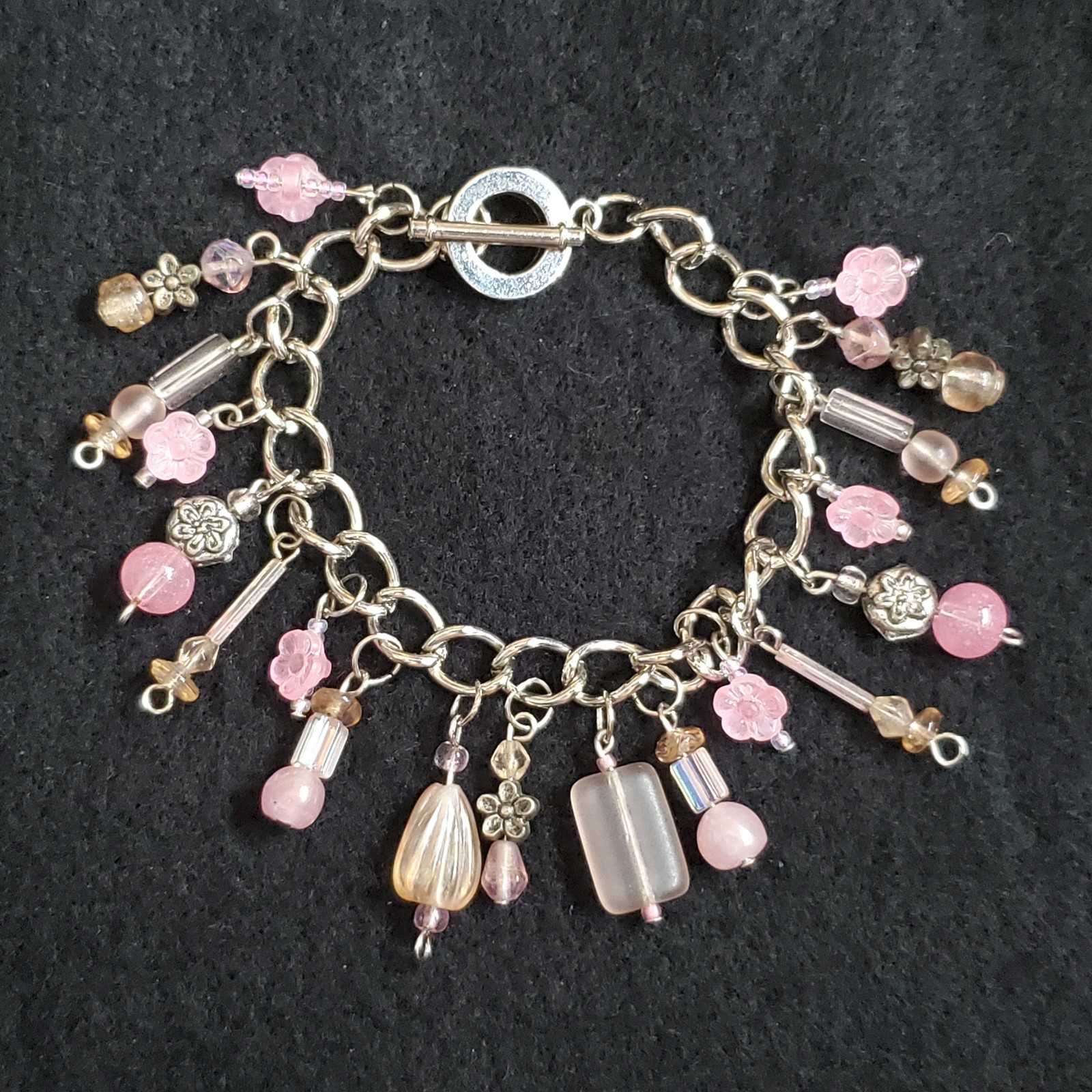 Charm Bracelet Silver Tone Pink Dangle Beads 6.5″