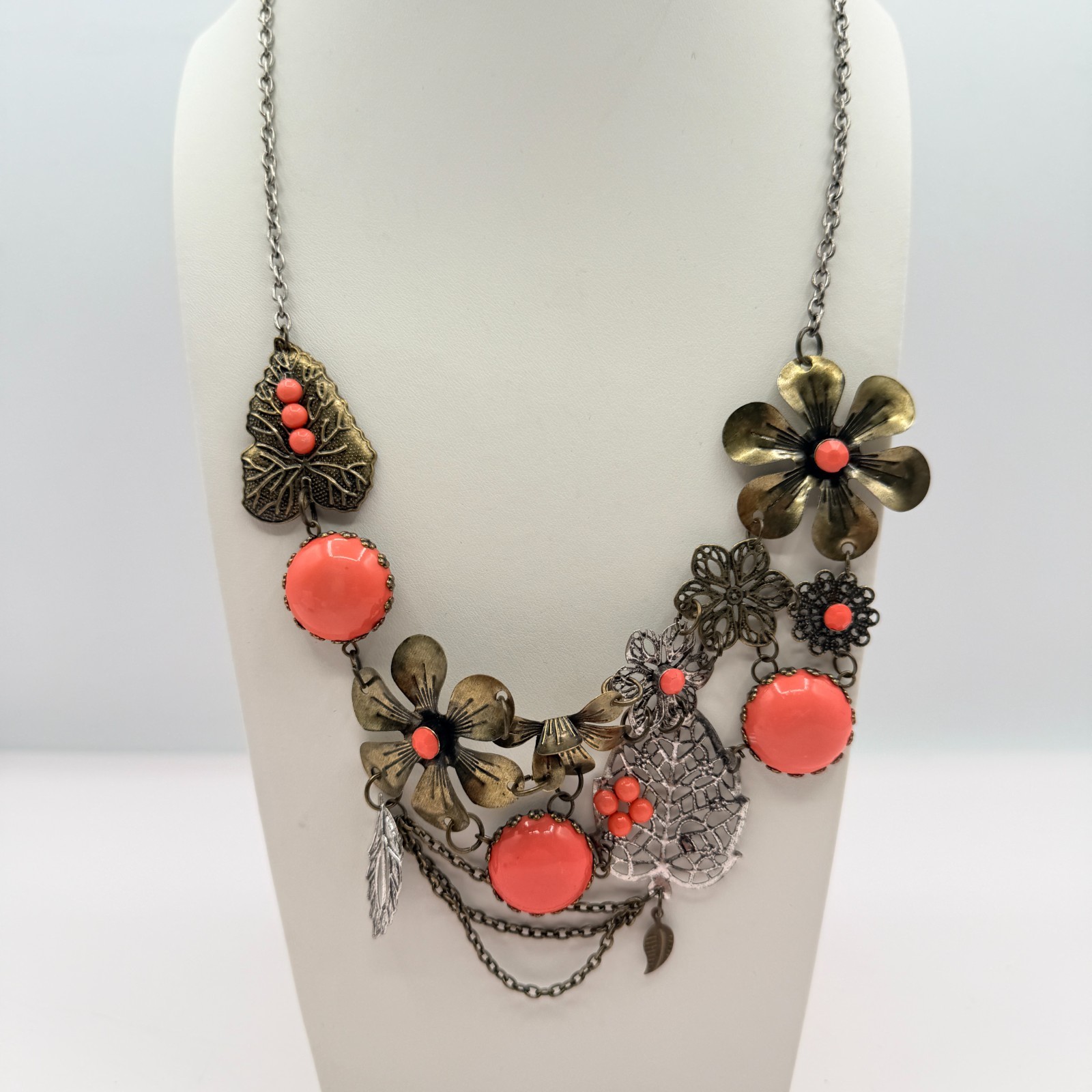Vintage Bronze Tone Floral Bib Necklace Statement Orange Faux Coral Bead Boho