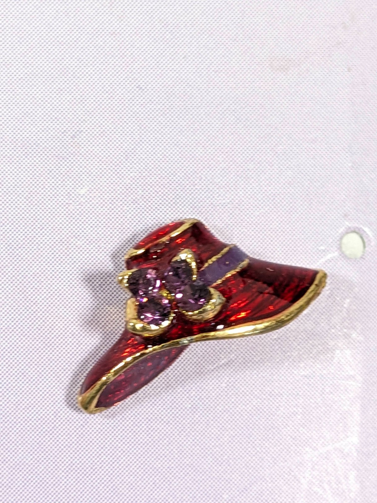 Vintage Ladies Red Hat Purple Rhinestone Enamel Pierced Stud Earrings