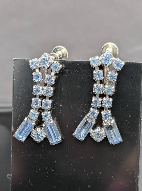 Vintage Rhinestone Bracelet Earrings Set Blue Crystal Silver Tone