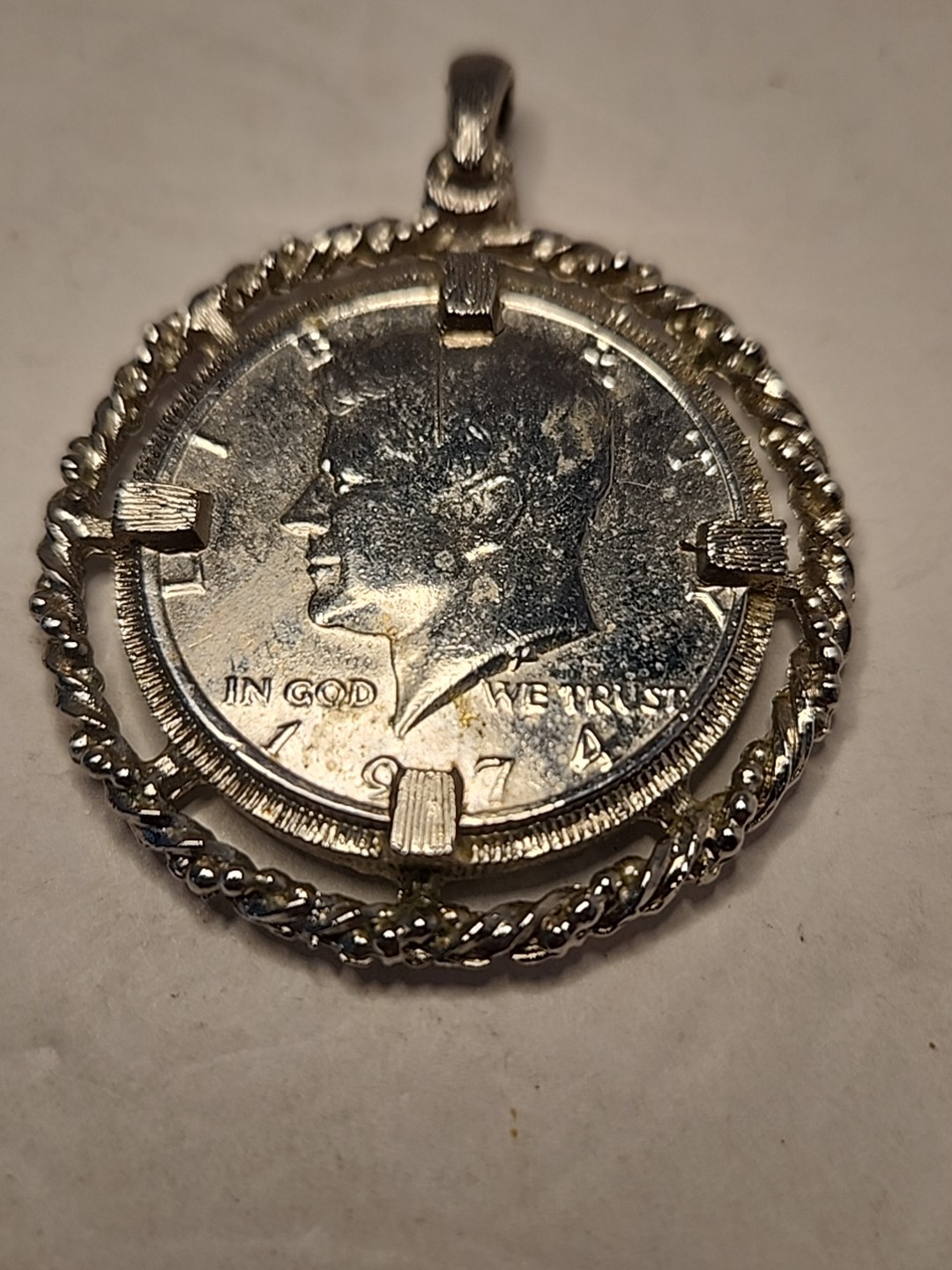 Vintage 1974 KENNEDY LIBERTY COIN Half Dollar Pendant ~ Signed Revere MFG.