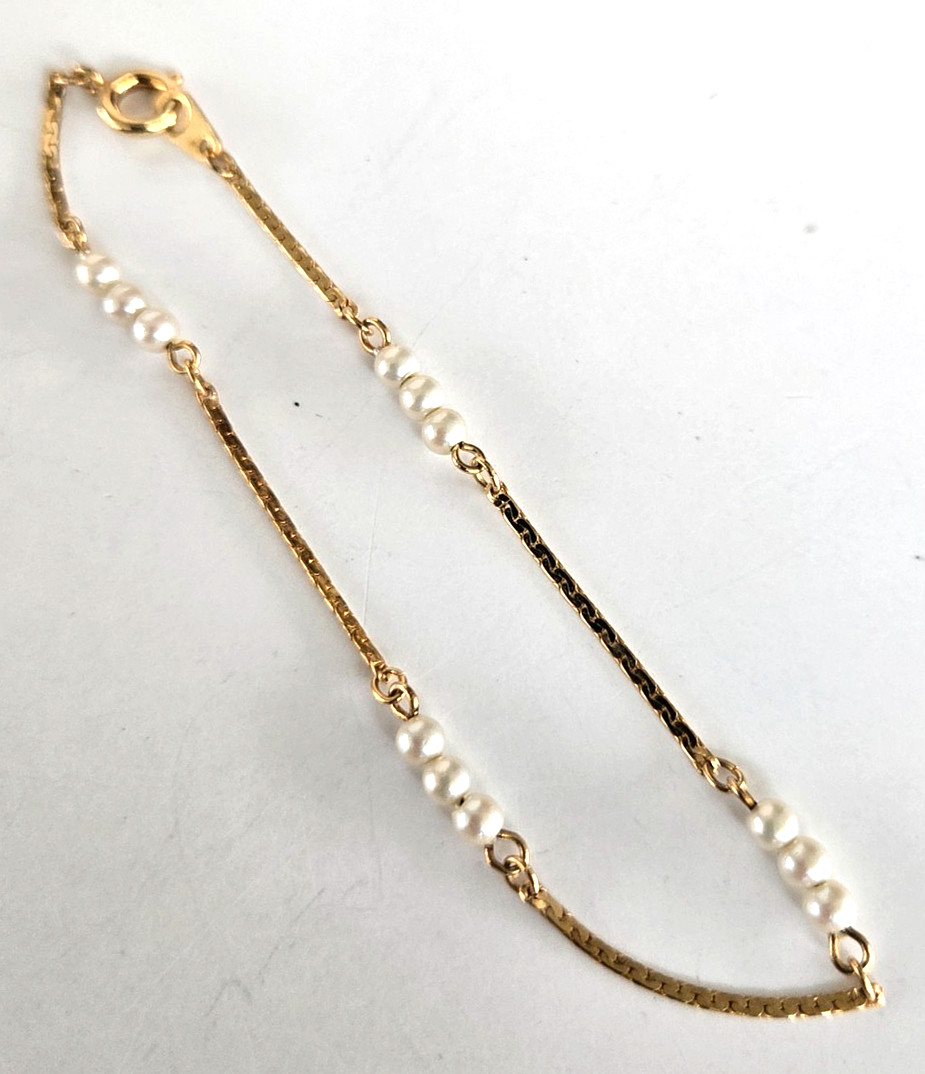Vintage Gold Tone C Link Chain w/ Faux Pearl Bead Bracelet 7-1/8″ Spring Ring