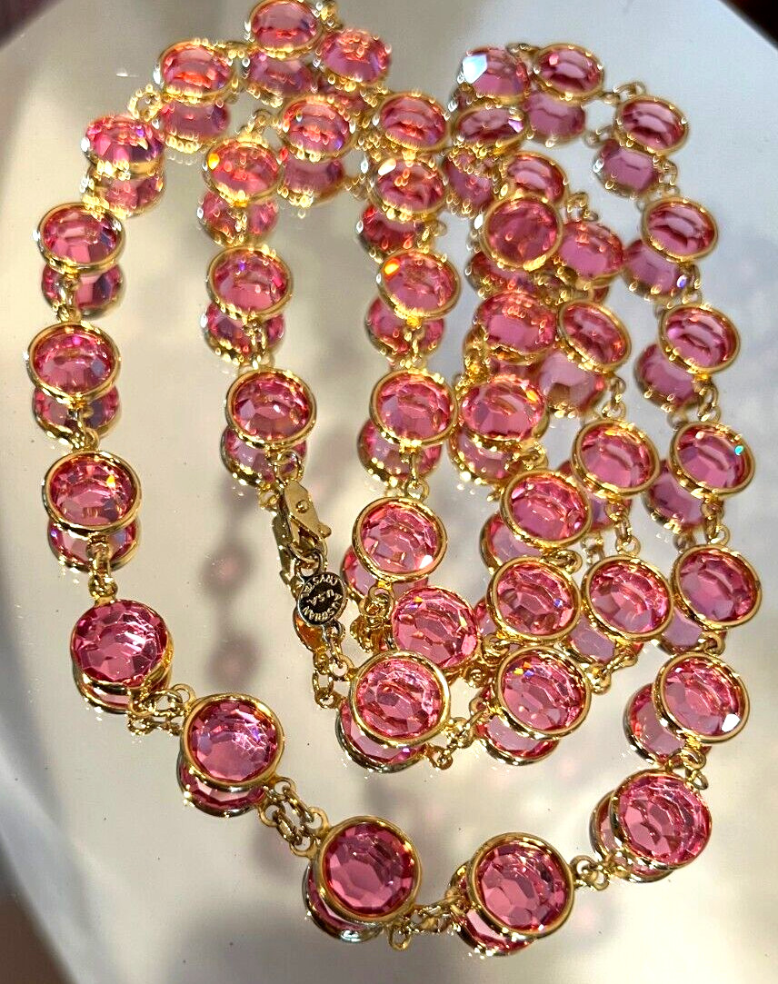 Vintage Pink AUSTRIAN Crystal USA Bezel Set 12 mm Crystals 36″ Long Necklace