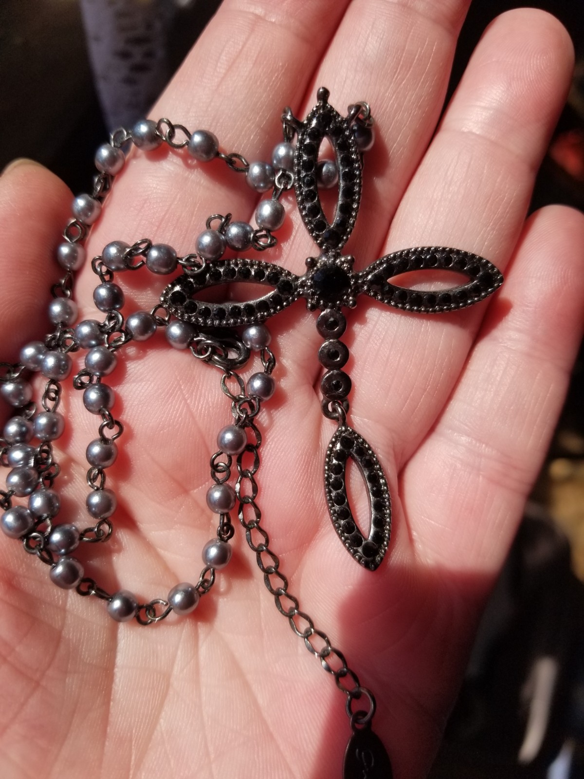 Vtg. Gwen Stefani Black Gothic Rhinestone Articulated Cross Faux Pearl Necklace
