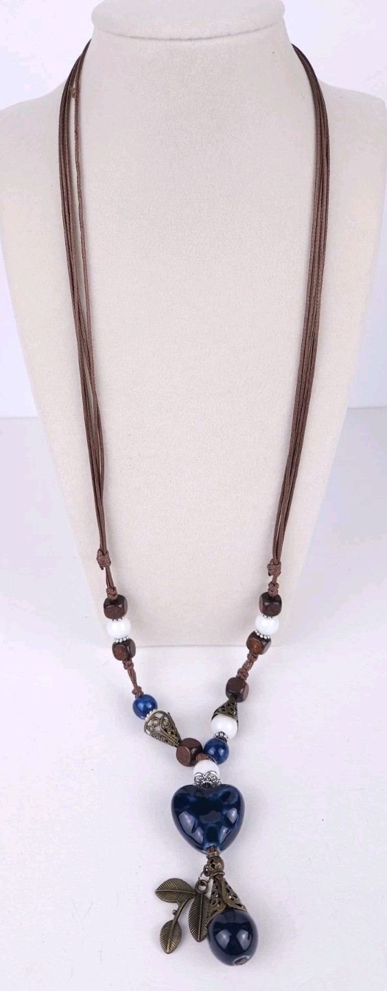 Blue Ceramic Heart White Wood Brown Beaded Corded 26″ Necklace