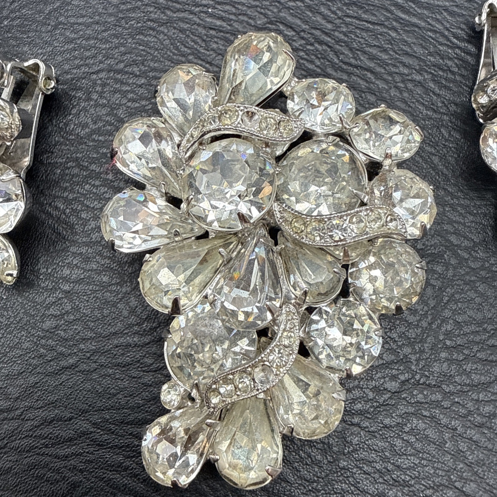 Vintage Eisenberg Ice Rhinestone Brooch and Clip On Earrings Set Signed