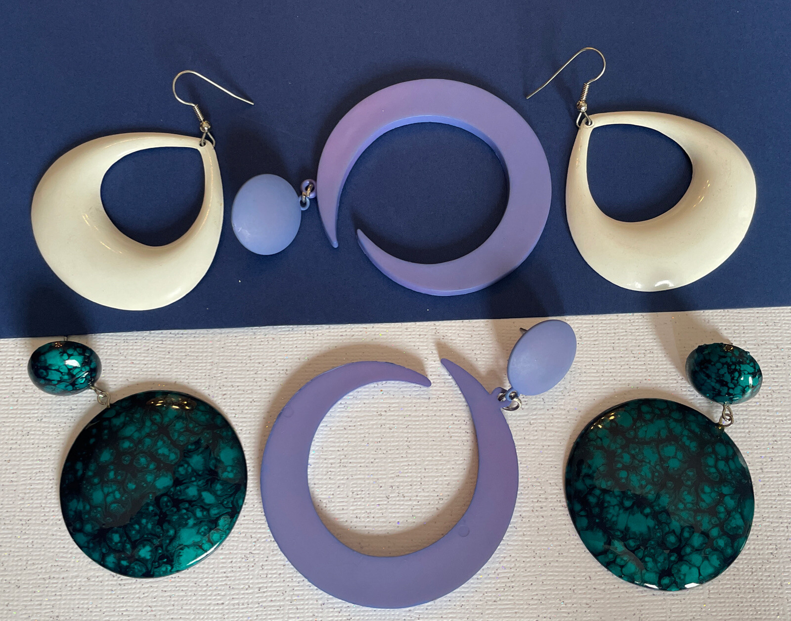 Earring Pierced 3 Piece Lot 1970 BoHo MOD Light Weight Green Purple & White N11