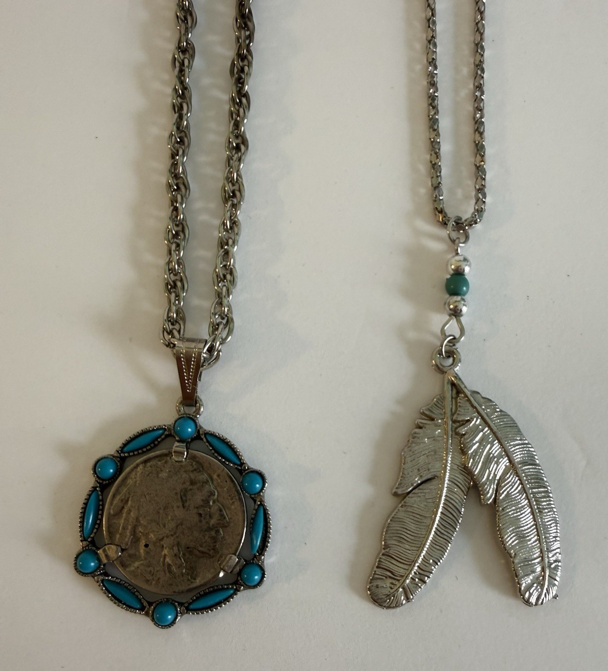 Vtg Indian Head Buffalo Nickel Coin Necklace Turquoise Accents 24″ + Feather 18″