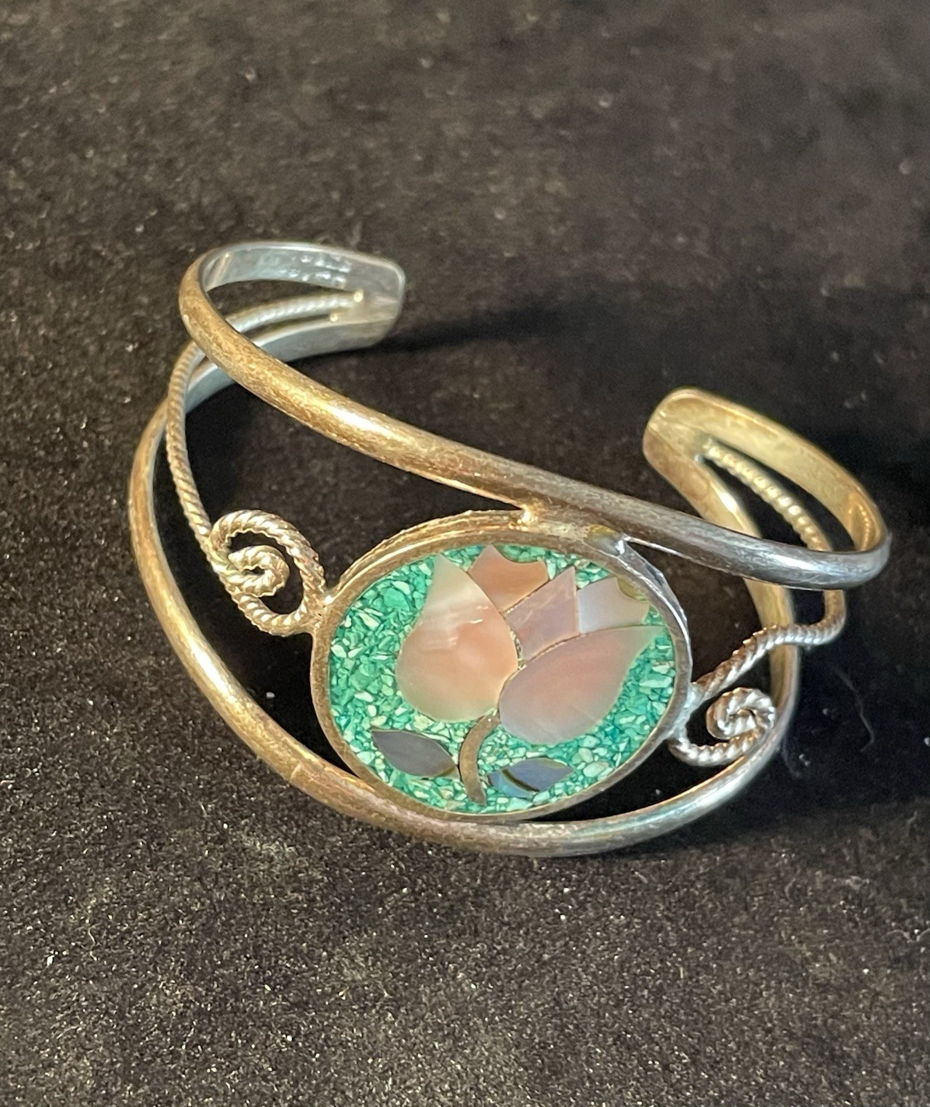 Vintage Alpaca Mexico Silver-Tone Mixed Metal Turquoise Small Cuff Bracelet