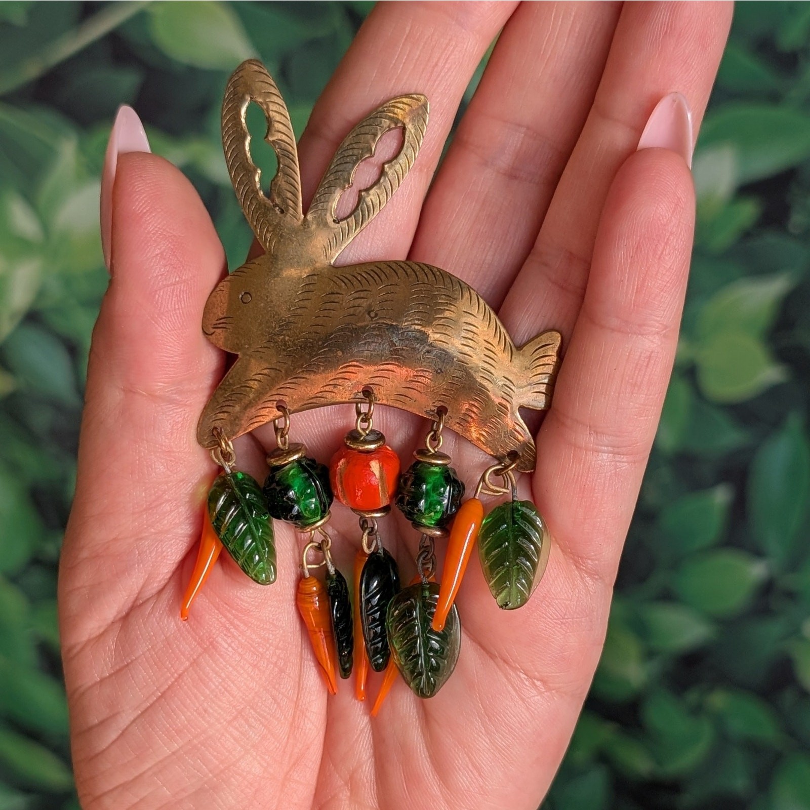 Vintage Artisan Brass Glass Rabbit Brooch Carrots Leaves Etched Bunny Art Pin
