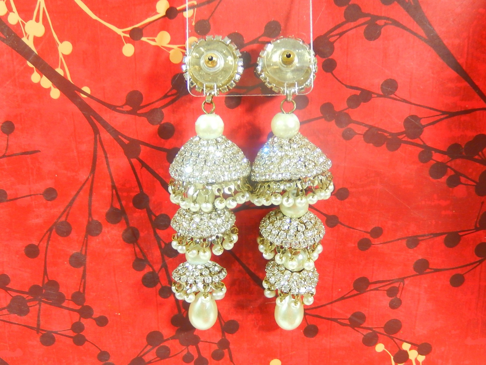 AMAZING 60s VTG DECO RHINESTONE FAUX PEARL 3 TIER CHANDELIER EARRINGS RUNWAY