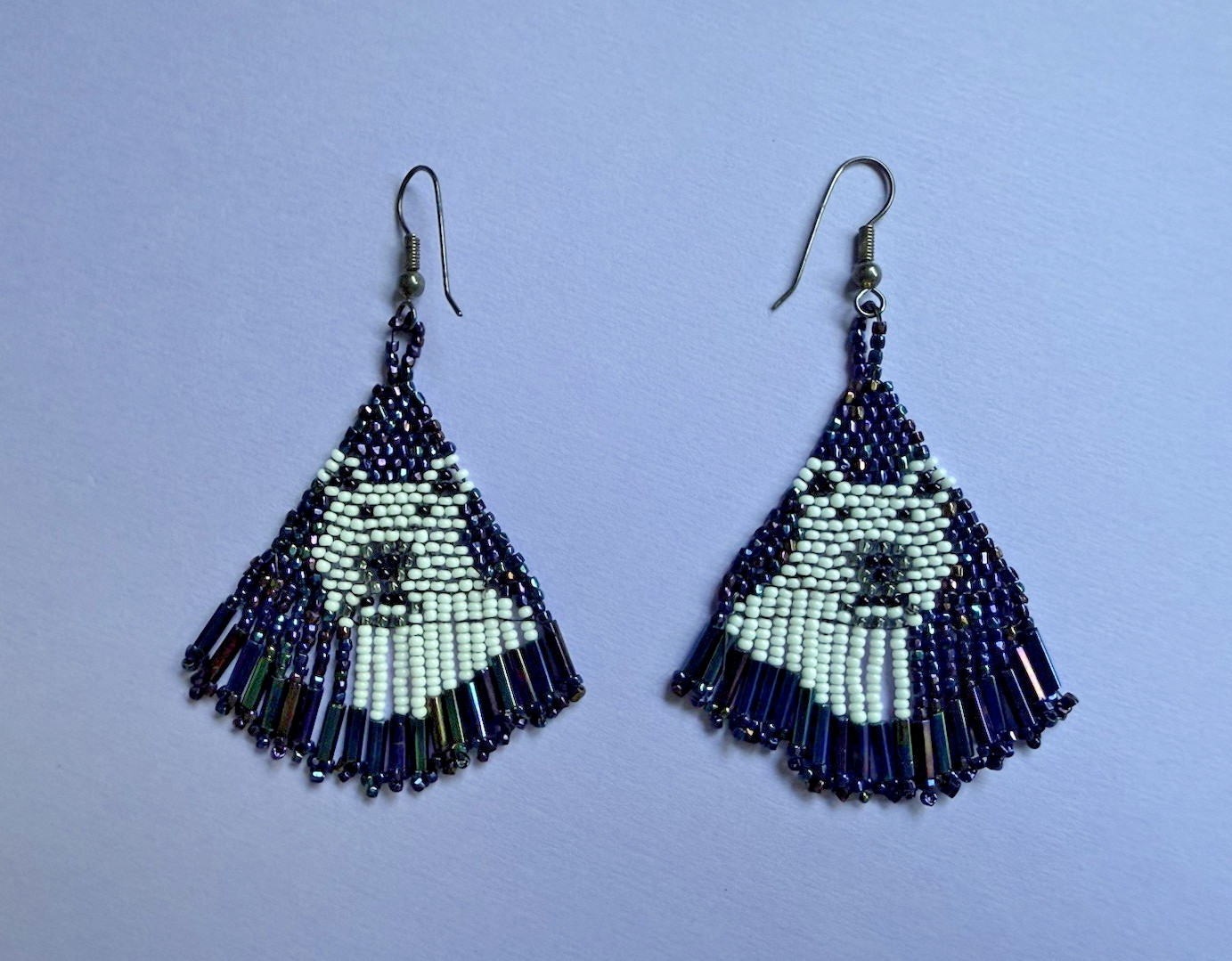 Vintage Polar Bear Glass Woven Sead Bead Dangle Tassel Long AB Black Earrings