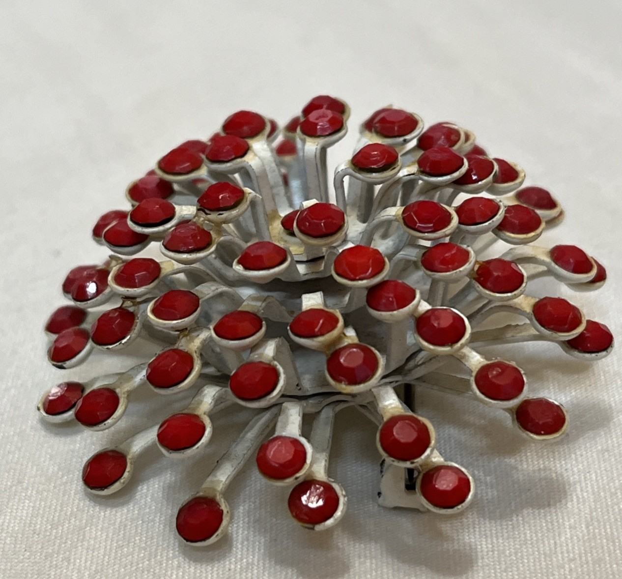 Vintage 3D Pinwheel Swirl Brooch Layered Pin Enameled White Metal With Red Beads