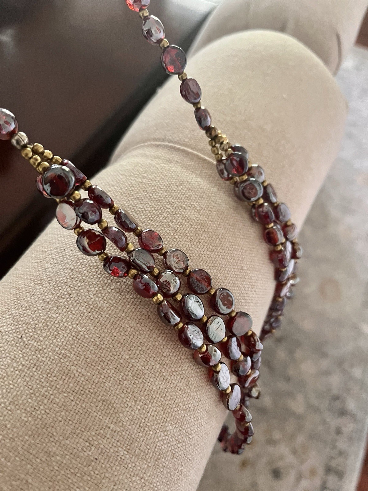 Vintage Red Garnet Iridescent Glass Gold Beaded Triple Layered 30” Bib Necklace