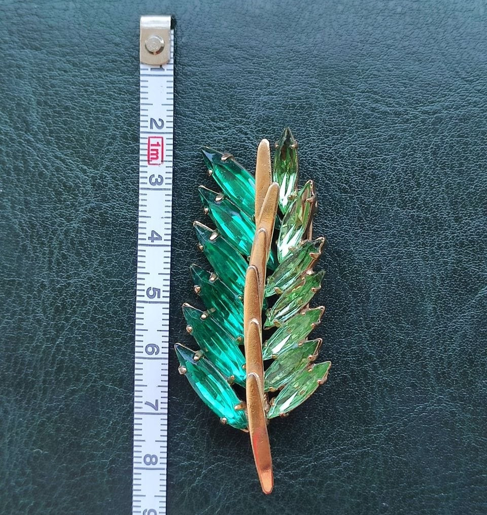 Vintage Soviet Brooch Green Glass Stones Leaf Branch USSR 1970s