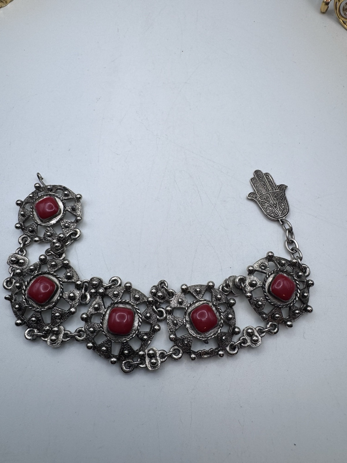 VINTAGE 60’s Silver Tone And Red Cabuchon SOUVENIR DU MAROC Moroccan Hamsa Hand