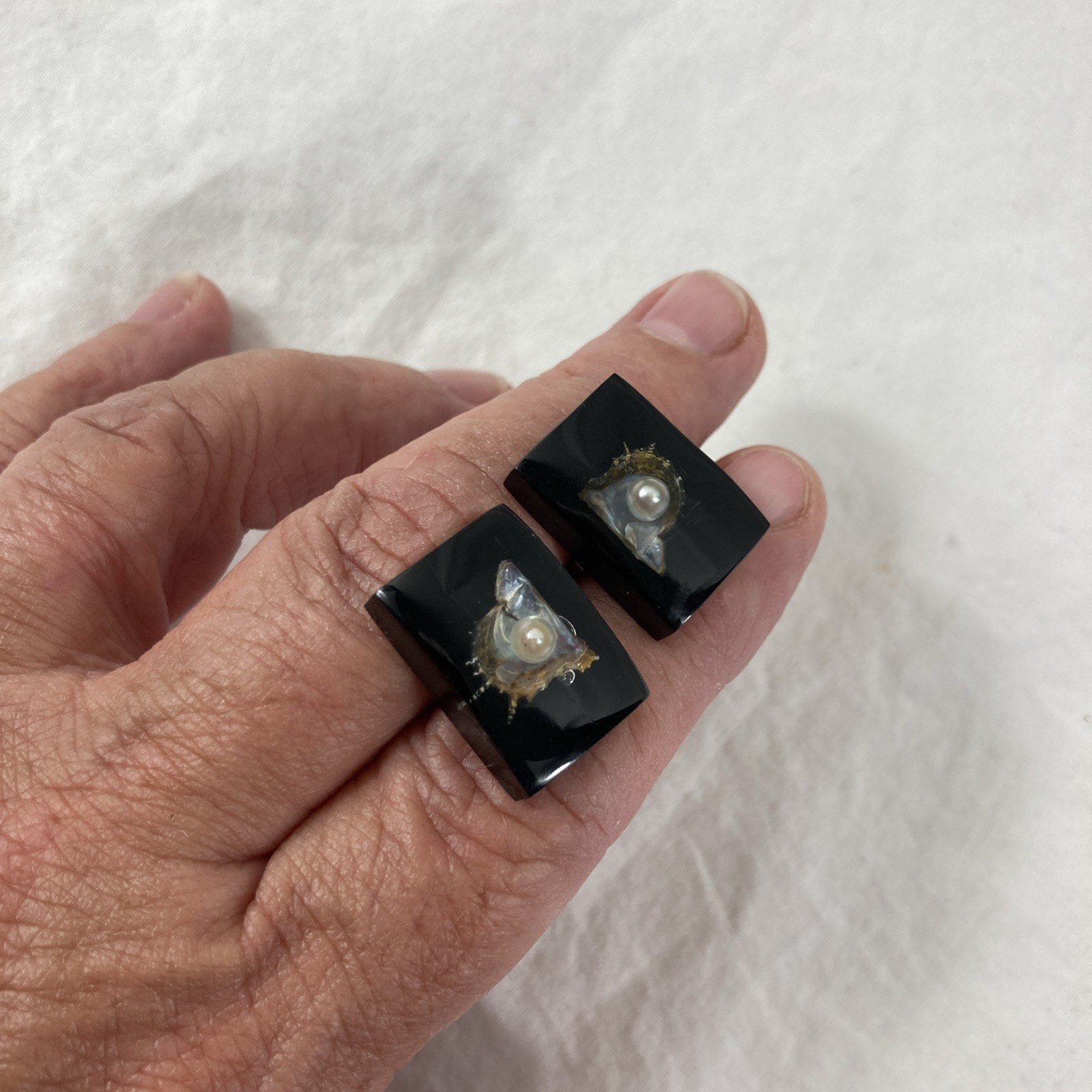 VTG Tie Clip Cuff Links Set Oyster Shell Pearl Inlay Black Resin Rectangle Japan