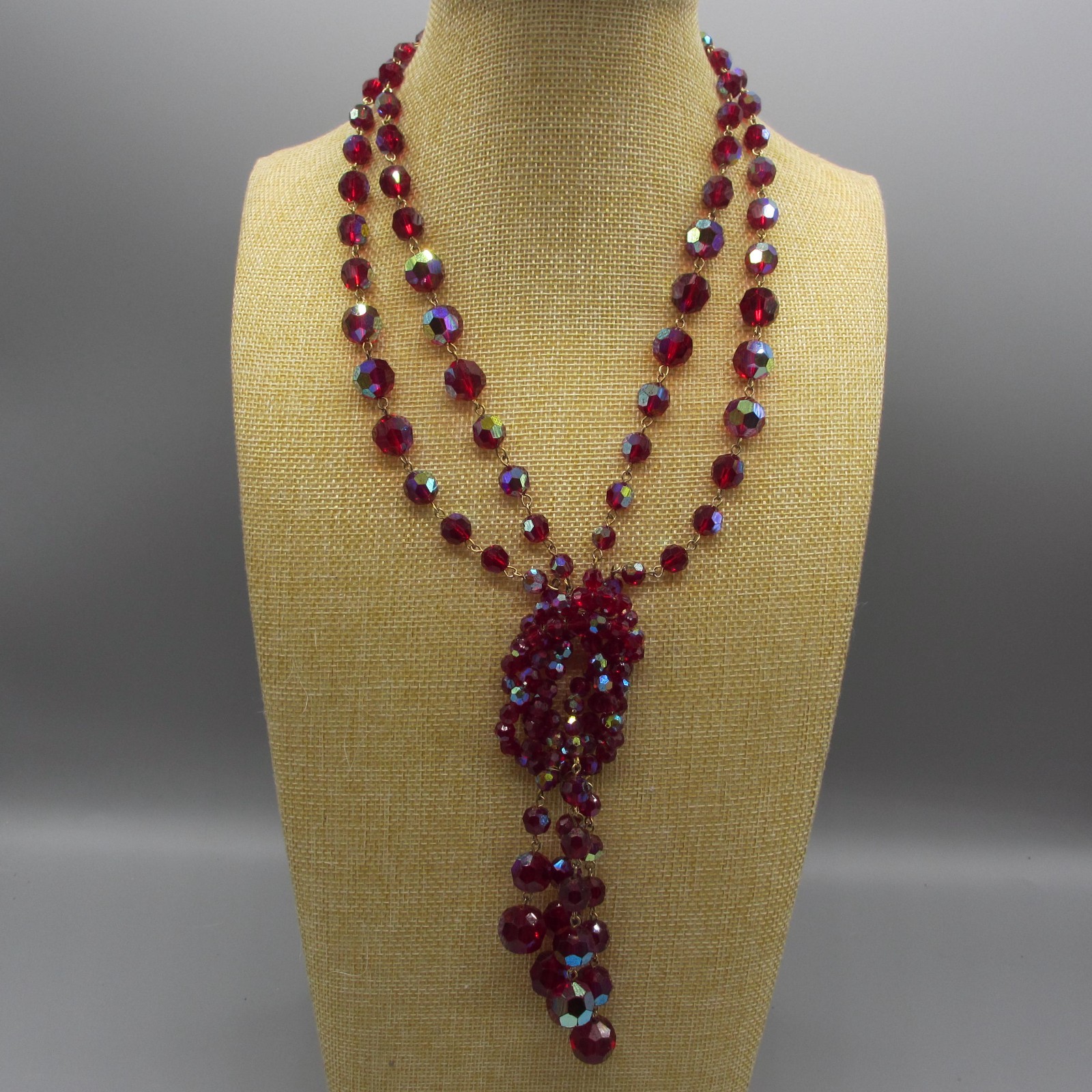 Bergere Necklace Glass AB Bead Red Festoon Tassel Rhinestone ONE MISSING RS 20″