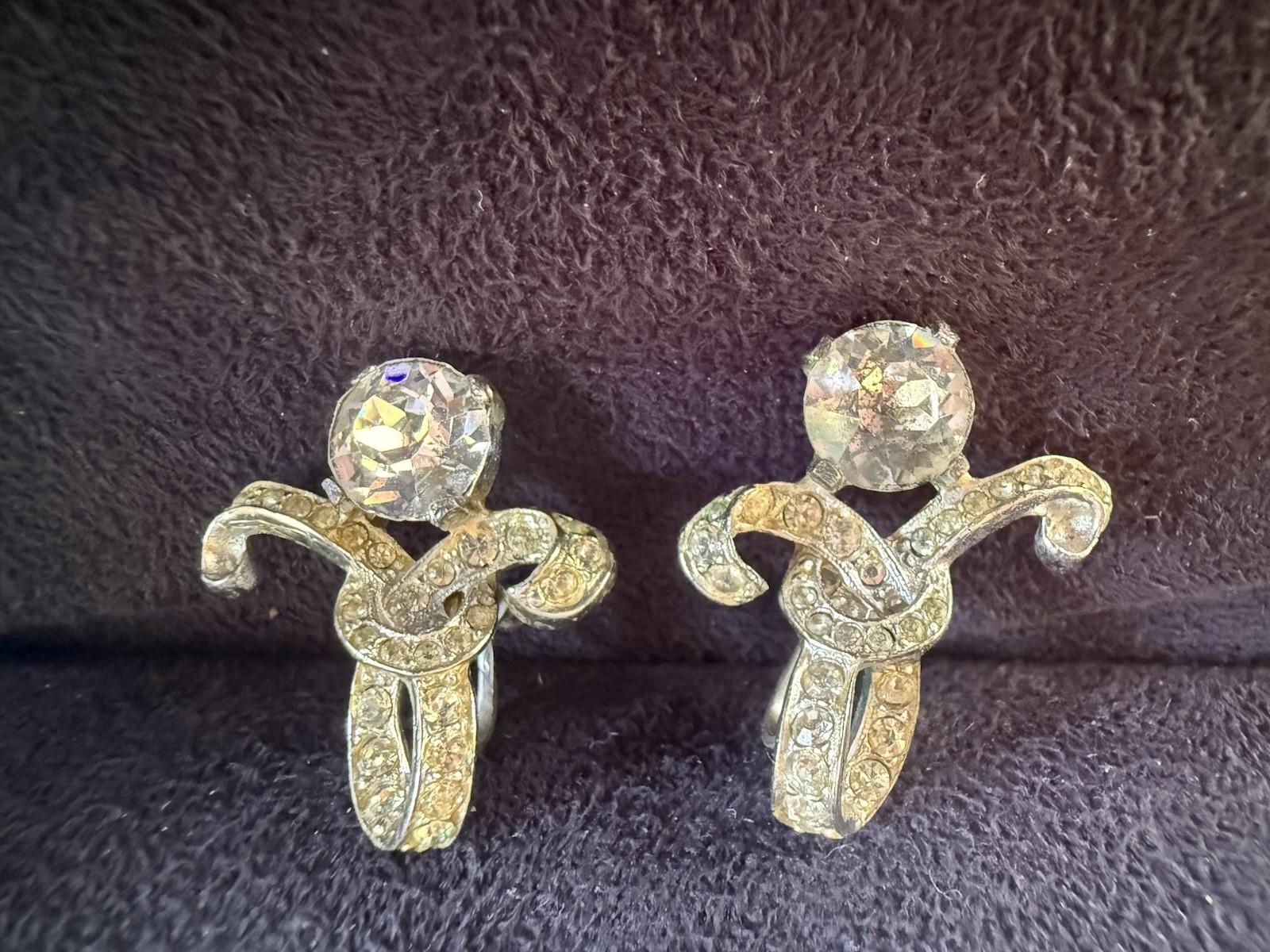Vintage Sterling Clear Rhinestone Ribbon Earrings with Tension Based Clip On