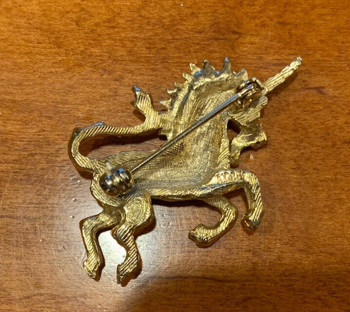 Vintage Unicorn Brooch Pin with Blue Eye and Baguette Saddle, Signed AC88