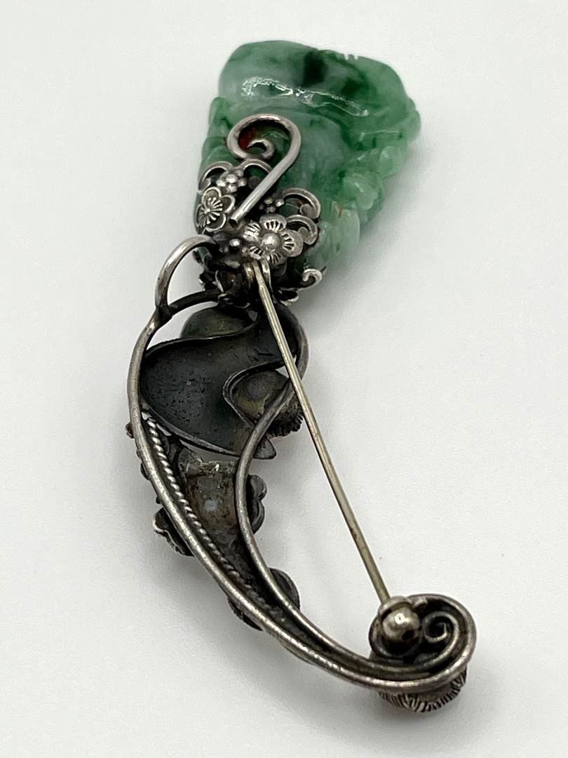 Estate Vtg Chinese Export Carved Green Jadeite Jade 925 Sterling Silver Brooch